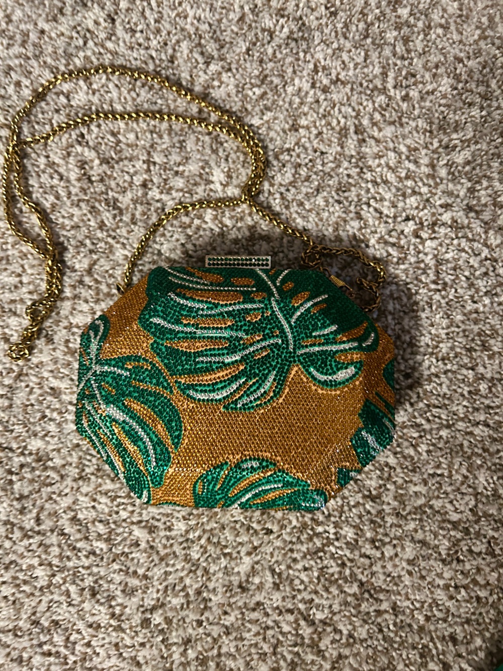 Sassy Jones Gold Beaded Octagon Crossbody with Green Leaf Motif